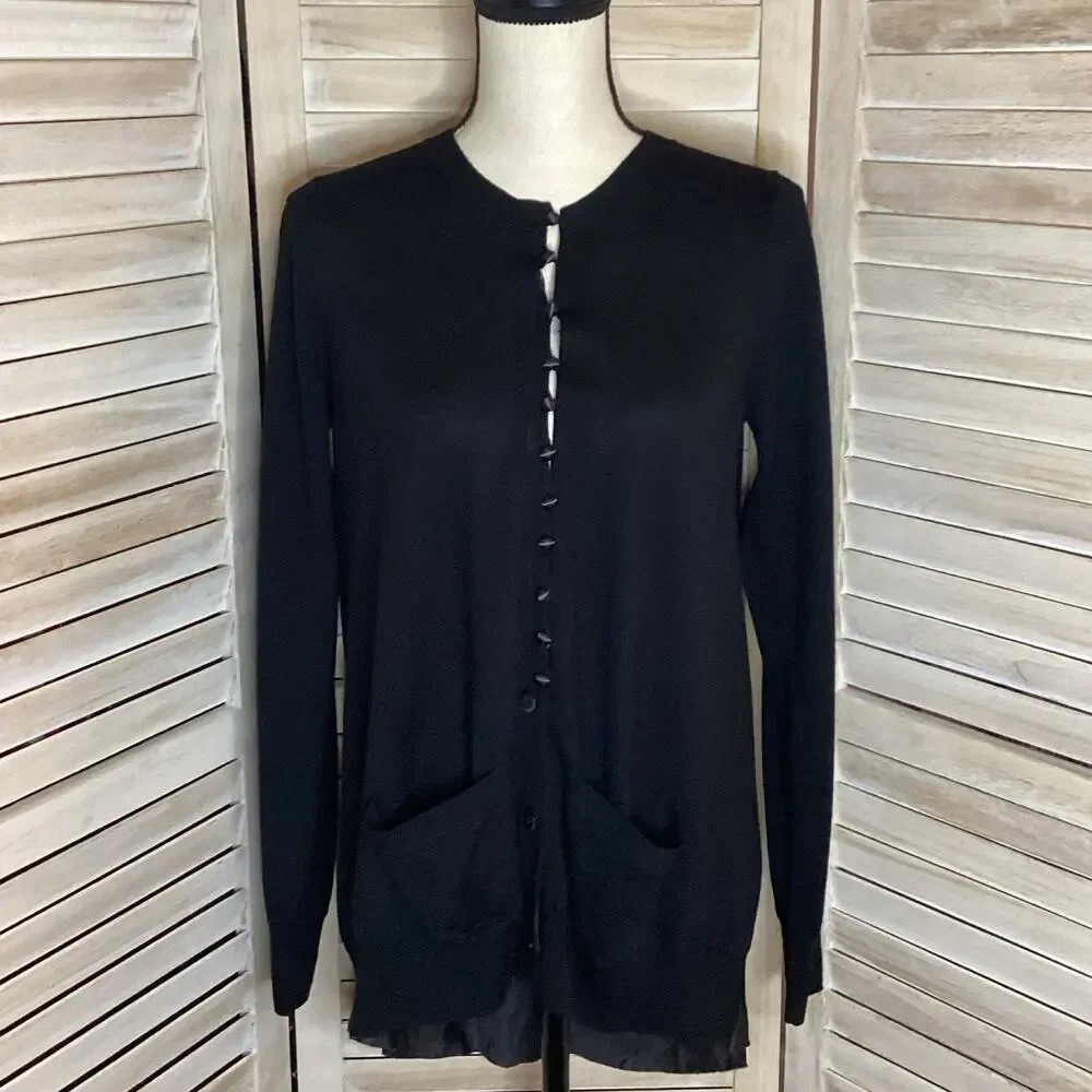 Sacai Satin Panel Back Fine Gauge Knit 100% Wool Cardigan Black S FLAW
